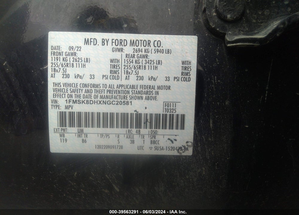 2022 FORD EXPLORER XLT VIN: 1FMSK8DHXNGC20581