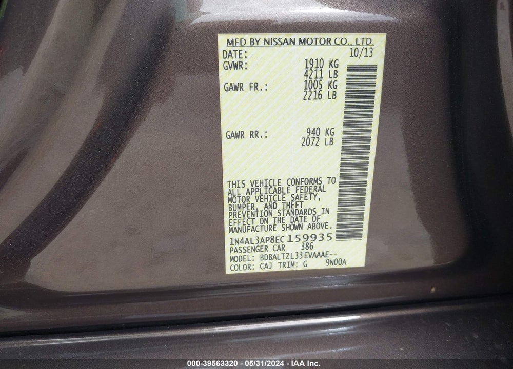 2014 NISSAN ALTIMA 2.5 SV VIN: 1N4AL3AP8EC159935