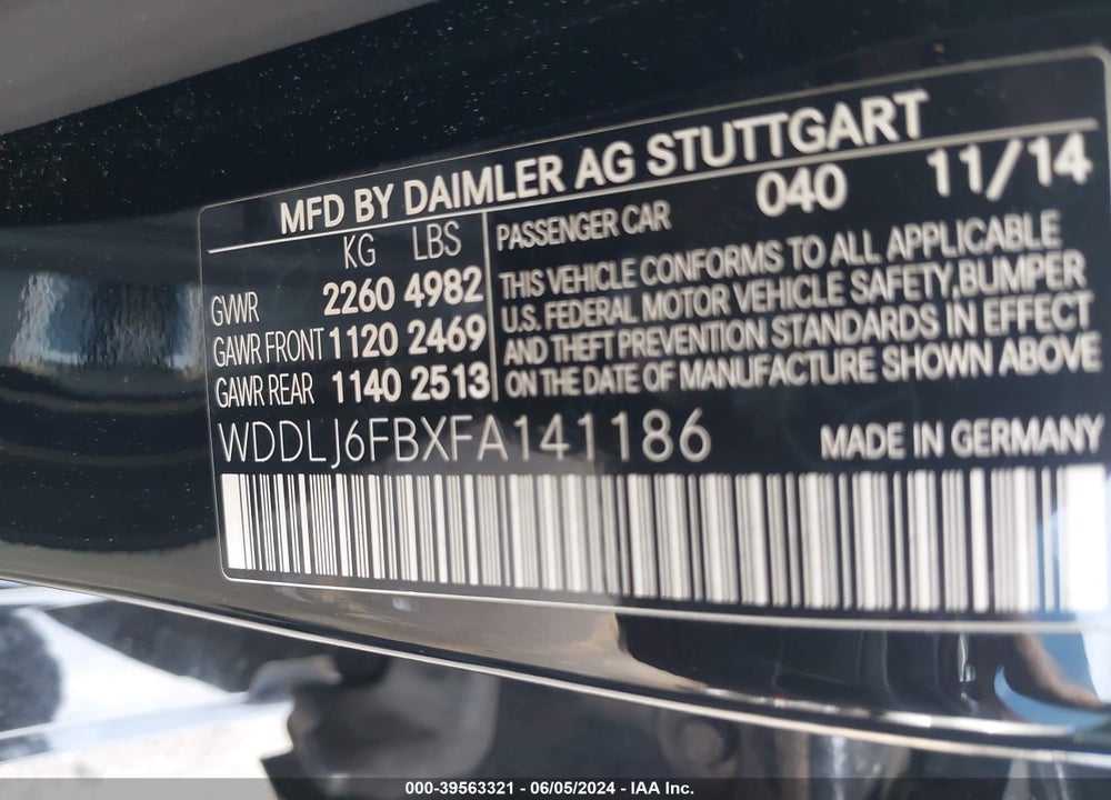 2015 MERCEDES-BENZ CLS 400 VIN: WDDLJ6FBXFA141186