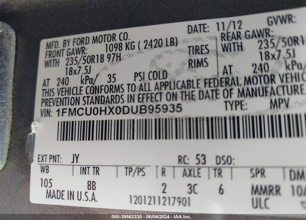 2013 FORD ESCAPE SEL VIN: 1FMCU0HX0DUB95935