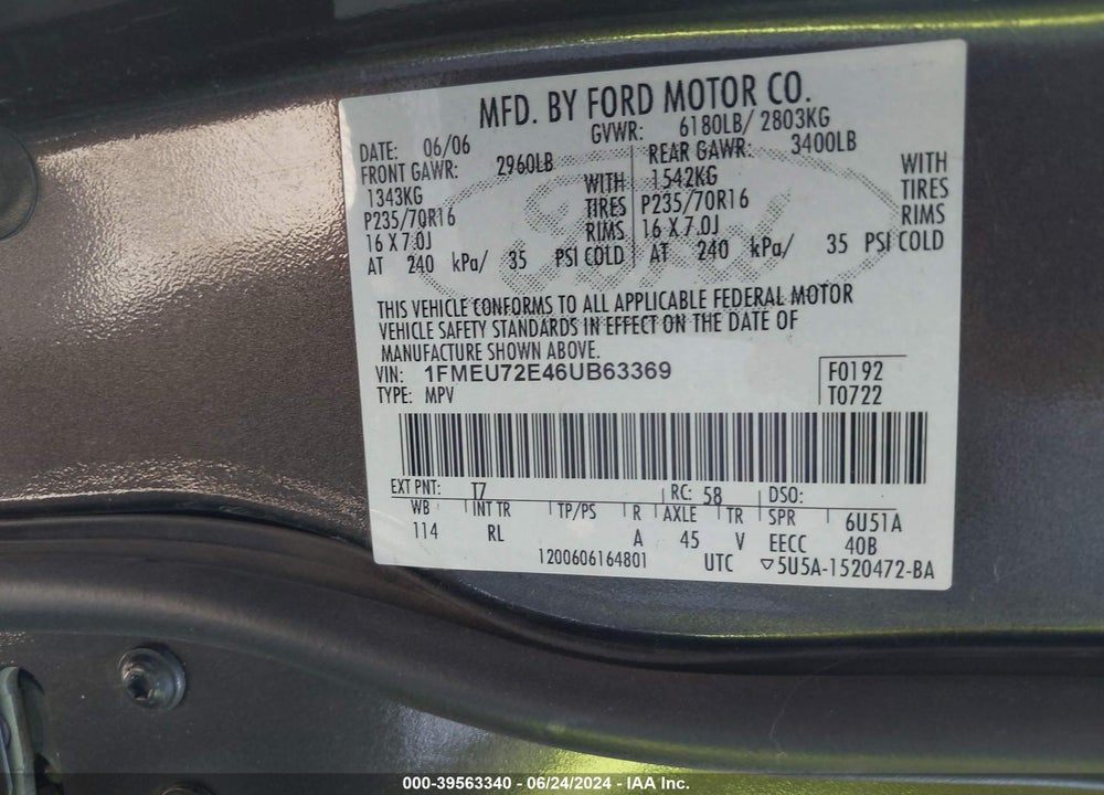 2006 FORD EXPLORER XLS VIN: 1FMEU72E46UB63369