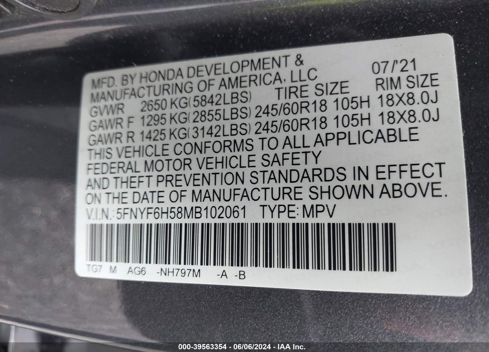 2021 HONDA PILOT AWD EX-L VIN: 5FNYF6H58MB102061