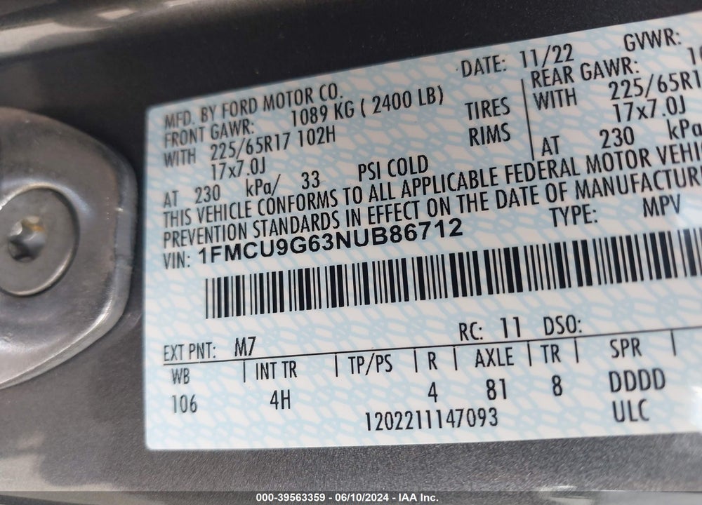 2022 FORD ESCAPE SE VIN: 1FMCU9G63NUB86712