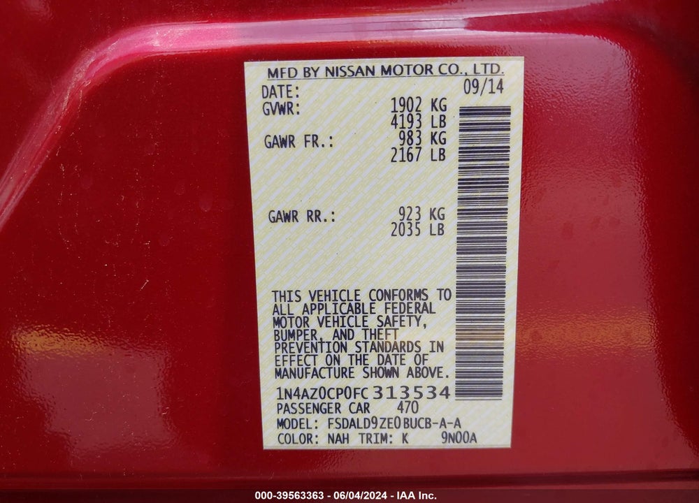 2015 NISSAN LEAF SV VIN: 1N4AZ0CP0FC313534