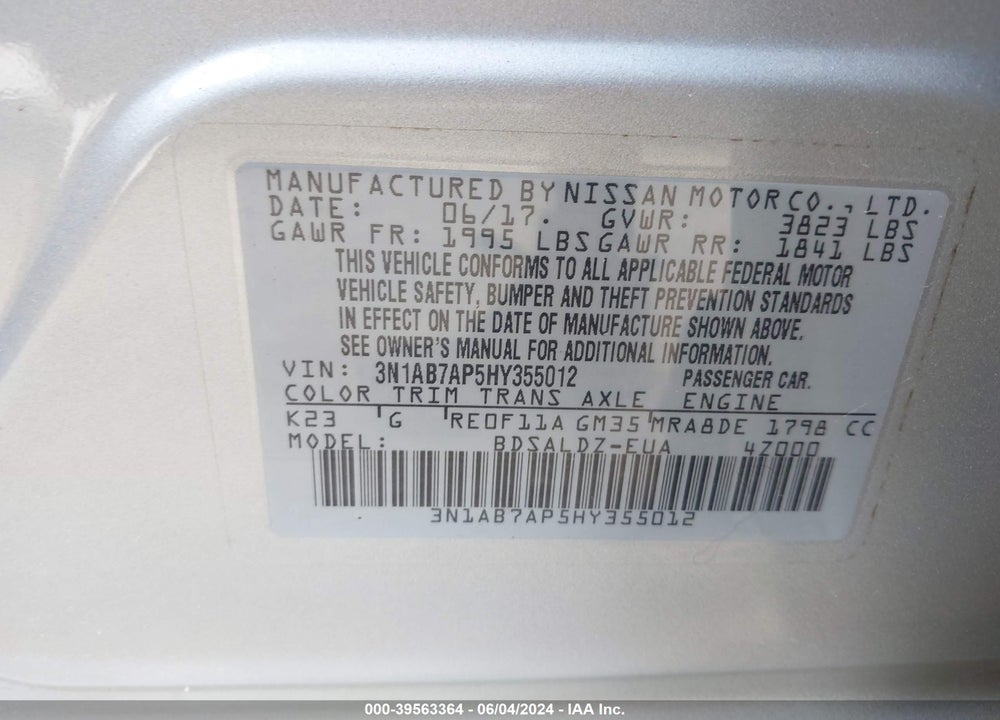 2017 NISSAN SENTRA SV VIN: 3N1AB7AP5HY355012