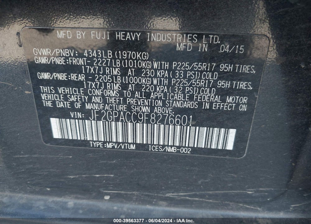 2015 SUBARU XV CROSSTREK 2.0I PREMIUM VIN: JF2GPACC9F8276601