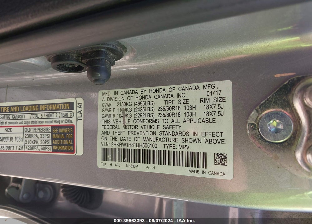 2017 HONDA CR-V EX-L/EX-L NAVI VIN: 2HKRW1H81HH505100