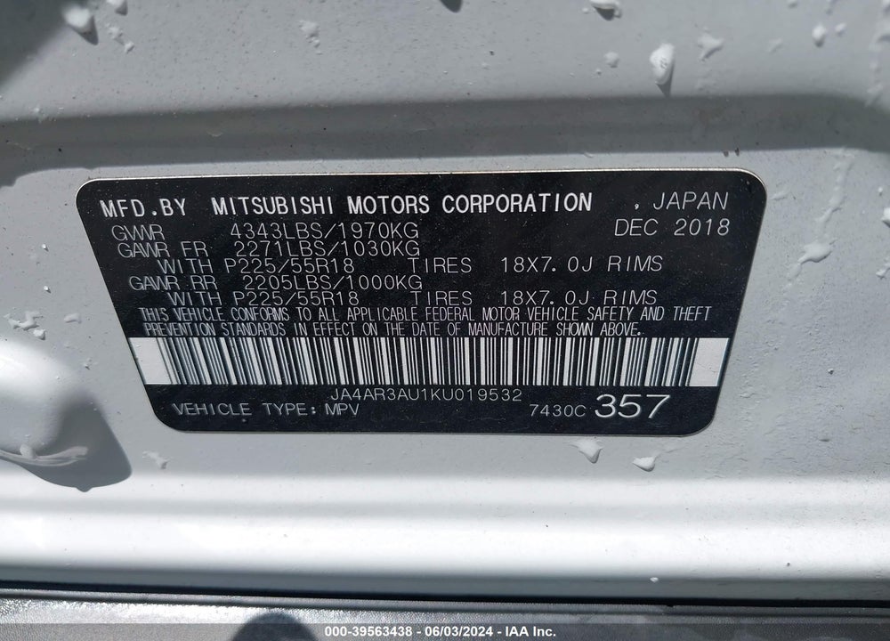 2019 MITSUBISHI OUTLANDER SPORT 2.0 SP VIN: JA4AR3AU1KU019532