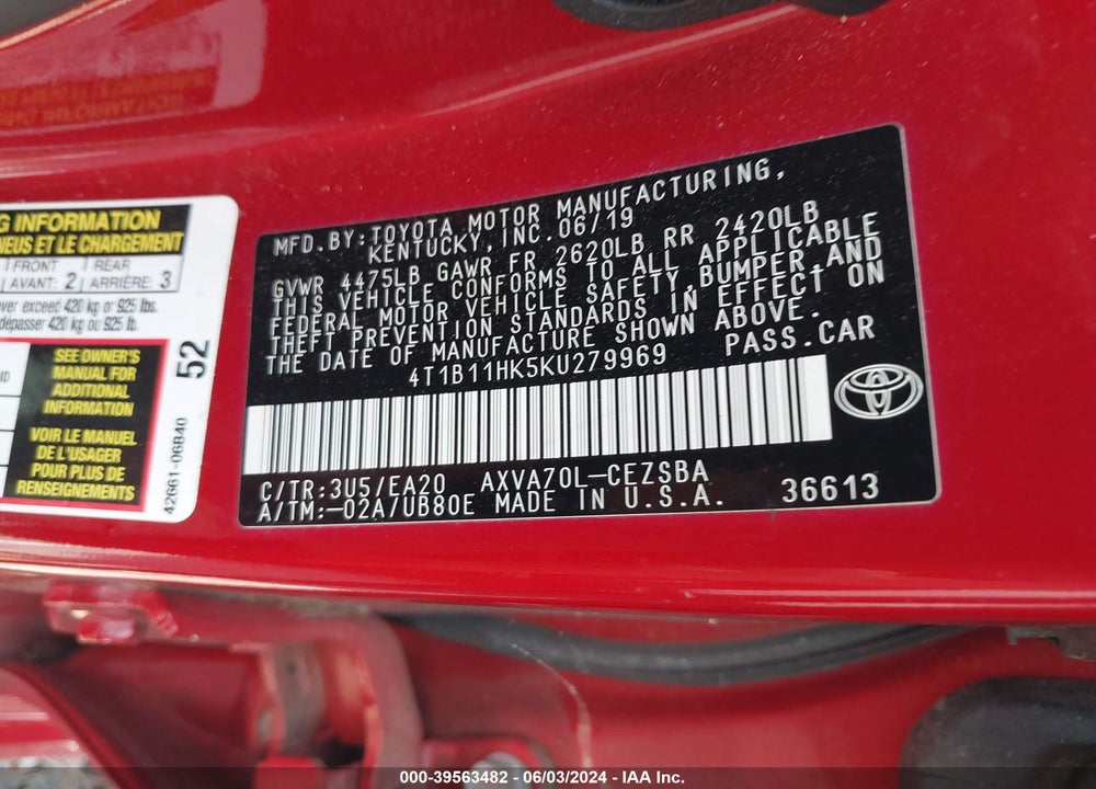 2019 TOYOTA CAMRY SE VIN: 4T1B11HK5KU279969