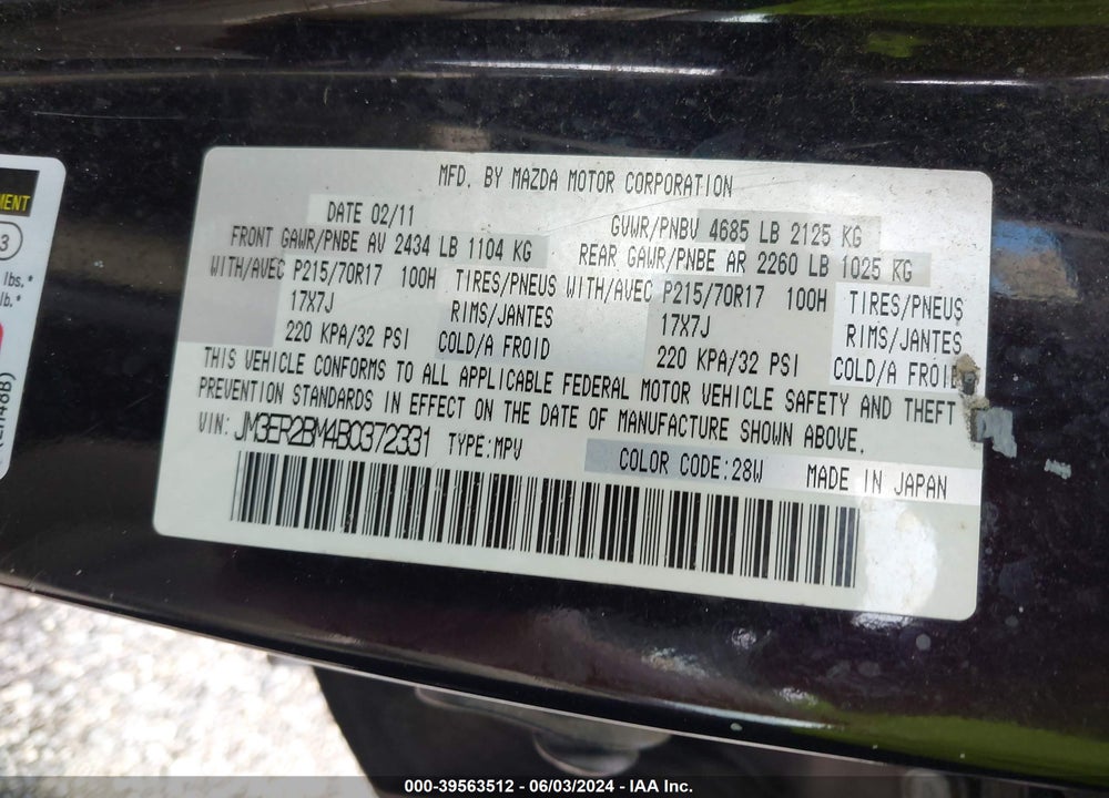 2011 MAZDA CX-7 I SPORT VIN: JM3ER2BM4B0372331