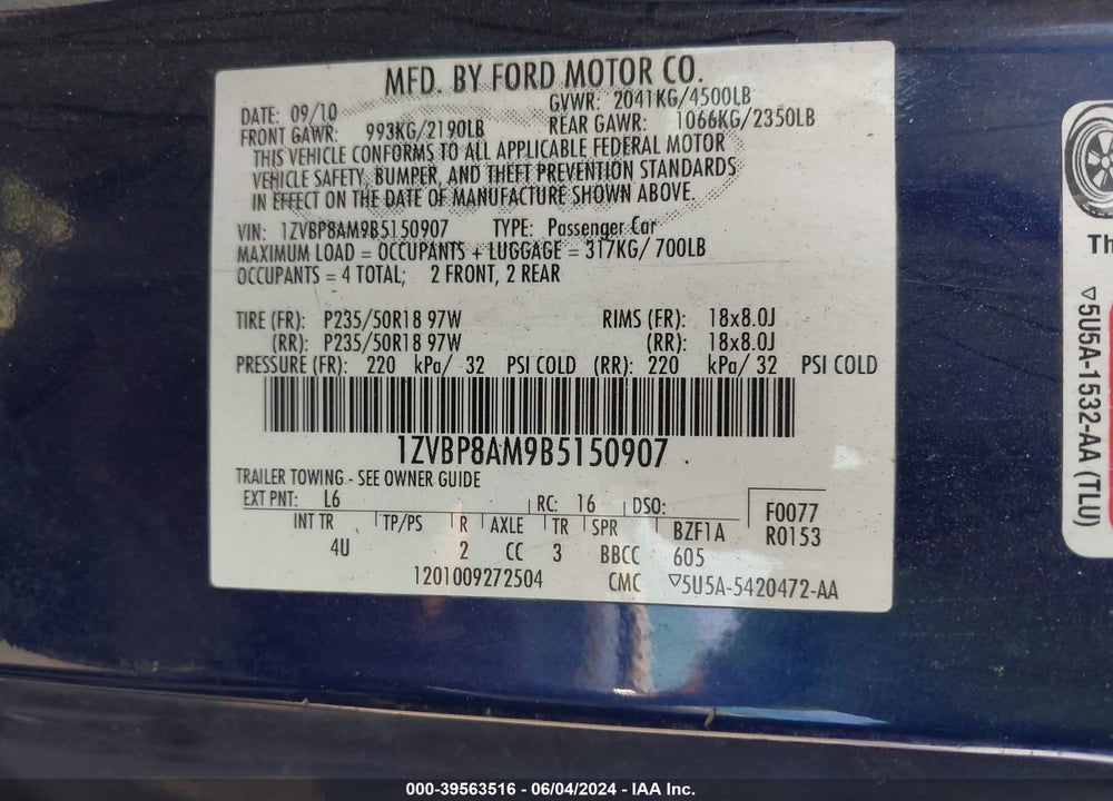 2011 FORD MUSTANG V6 PREMIUM VIN: 1ZVBP8AM9B5150907