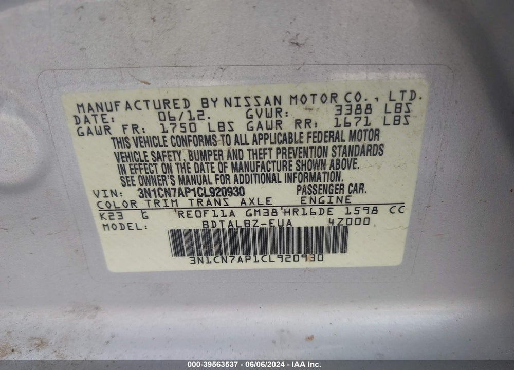 2012 NISSAN VERSA VIN: 3N1CN7AP1CL920930