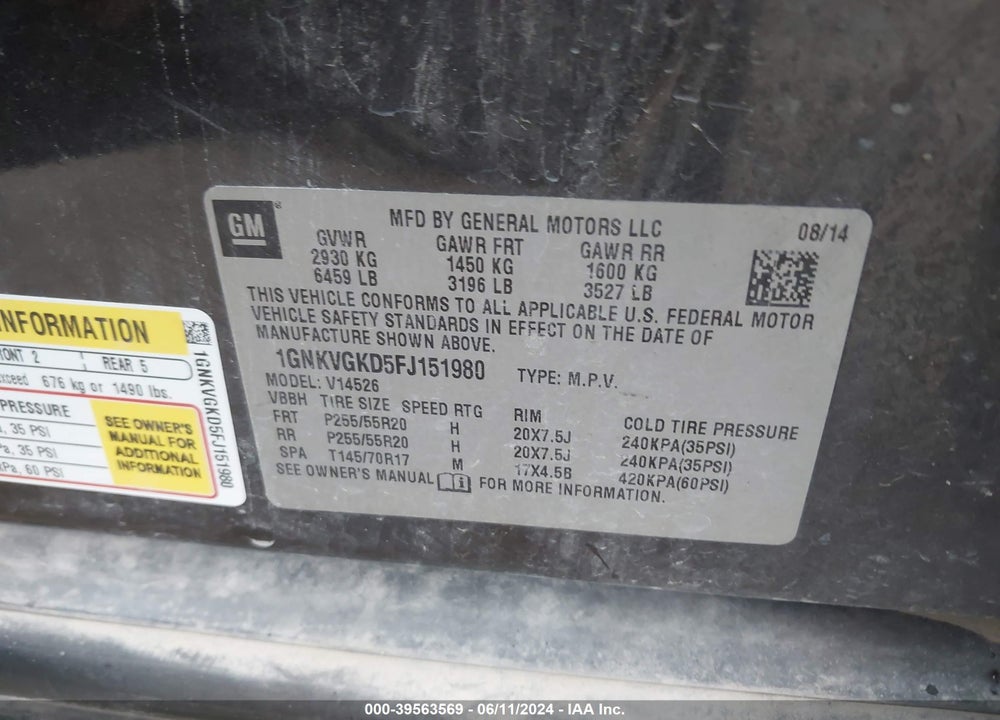 2015 CHEVROLET TRAVERSE 1LT VIN: 1GNKVGKD5FJ151980