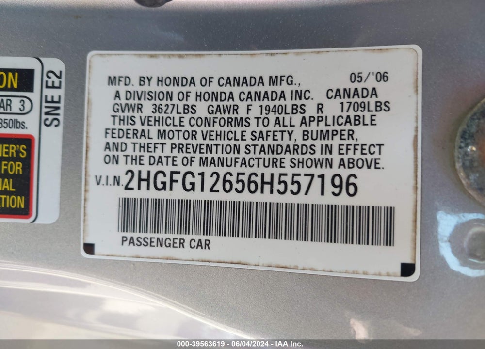 2006 HONDA CIVIC VIN: 2HGFG12656H557196