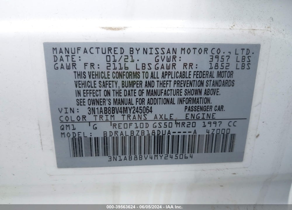 2021 NISSAN SENTRA S XTRONIC CVT VIN: 3N1AB8BV4MY245064