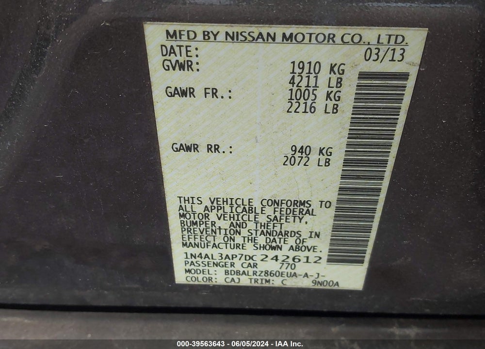 2013 NISSAN ALTIMA 2.5 S VIN: 1N4AL3AP7DC242612