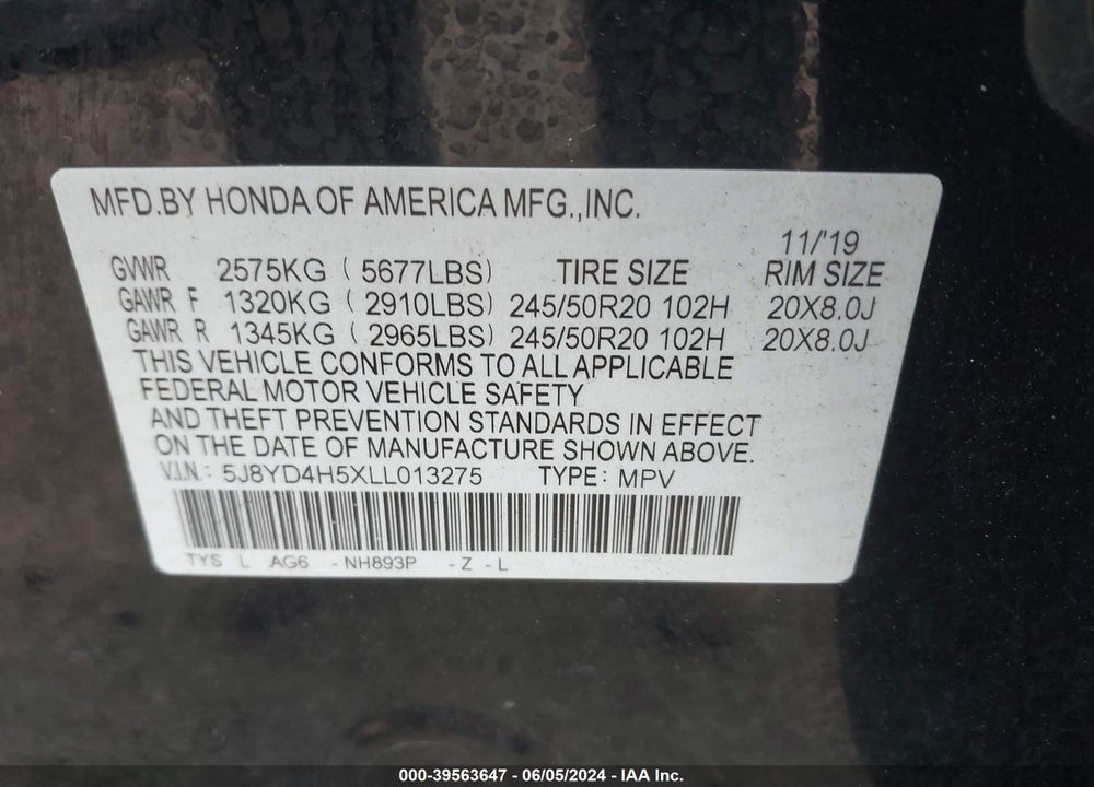 2020 ACURA MDX TECHNOLOGY PACKAGE VIN: 5J8YD4H5XLL013275