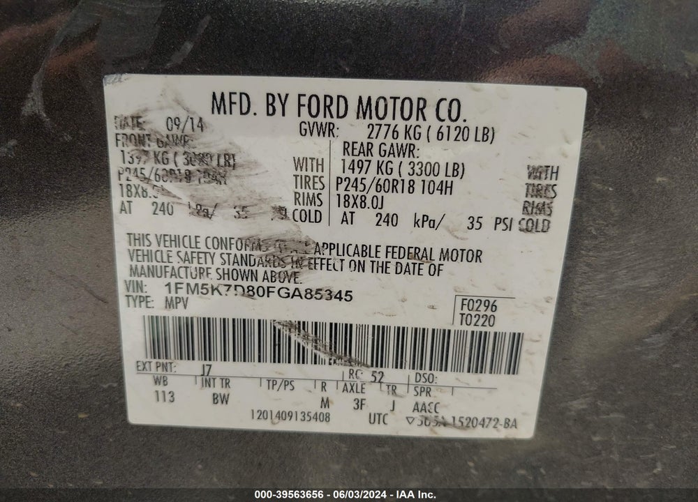 2015 FORD EXPLORER XLT VIN: 1FM5K7D80FGA85345