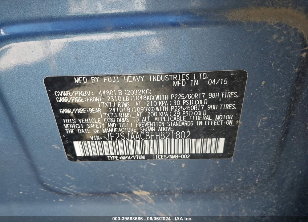 2015 SUBARU FORESTER 2.5I VIN: JF2SJAAC8FH821802