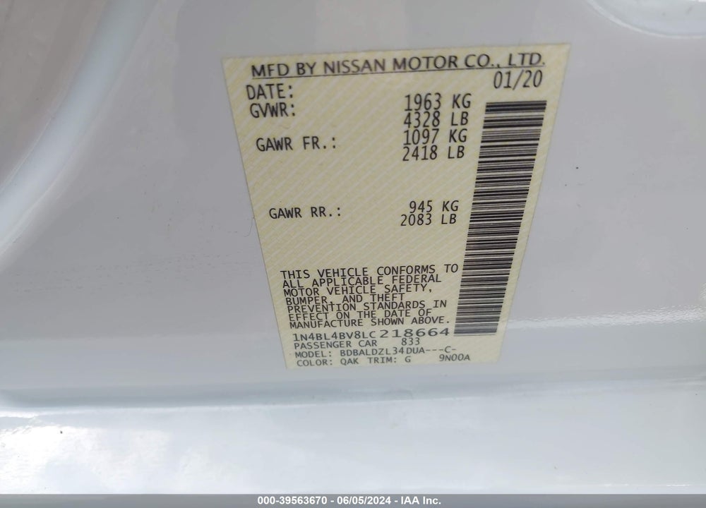 2020 NISSAN ALTIMA S FWD VIN: 1N4BL4BV8LC218664