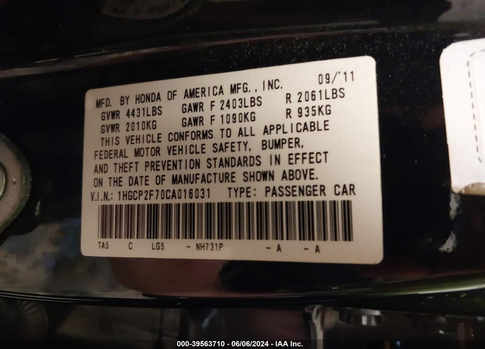 2012 HONDA ACCORD 2.4 EX VIN: 1HGCP2F70CA016031