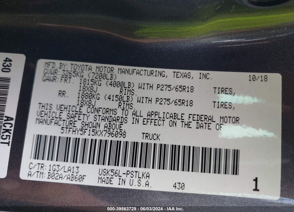 2019 TOYOTA TUNDRA LIMITED 5.7L V8 VIN: 5TFHY5F15KX796098