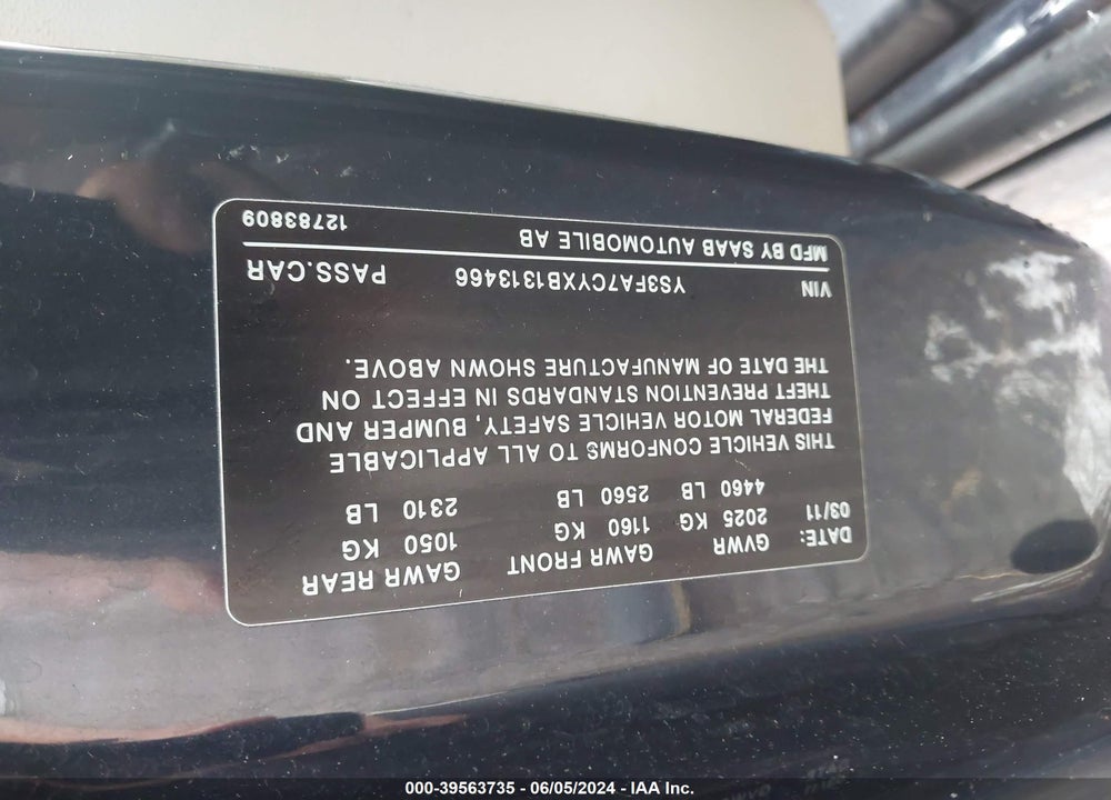 2011 SAAB 9-3 TURBO4 VIN: YS3FA7CYXB1313466