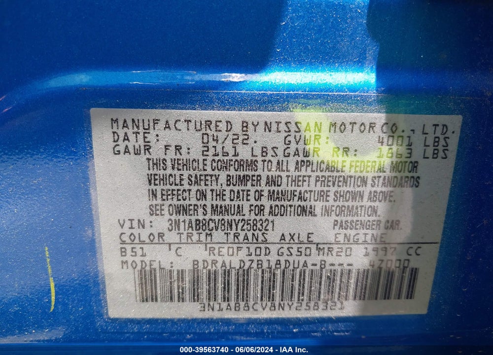 2022 NISSAN SENTRA SV XTRONIC CVT VIN: 3N1AB8CV8NY258321