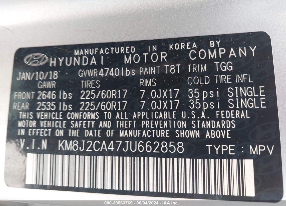 2018 HYUNDAI TUCSON SE VIN: KM8J2CA47JU662858