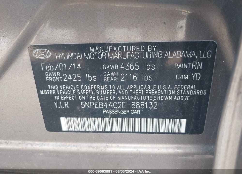 2014 HYUNDAI SONATA GLS VIN: 5NPEB4AC2EH888132