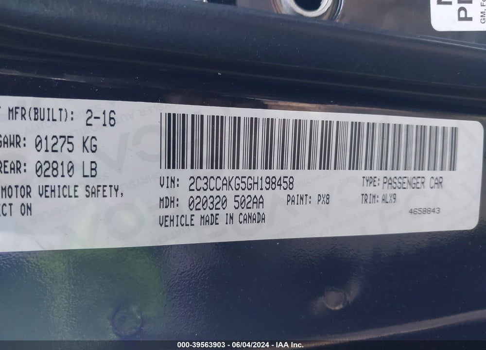 2016 CHRYSLER 300C AWD VIN: 2C3CCAKG5GH198458