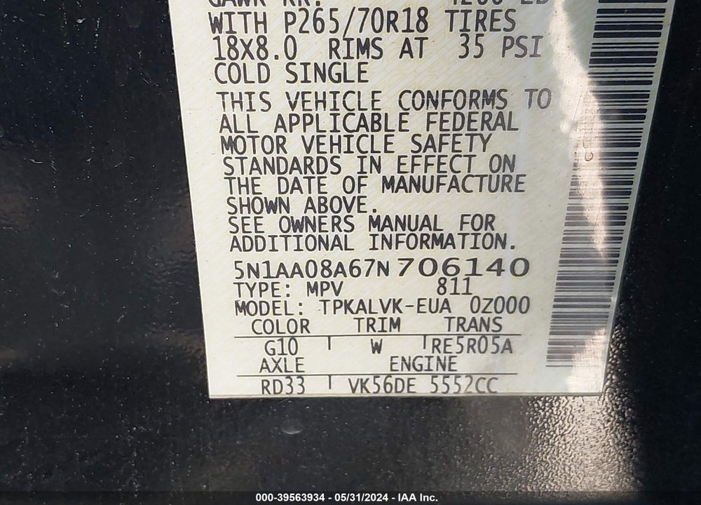 2007 NISSAN ARMADA LE VIN: 5N1AA08A67N706140