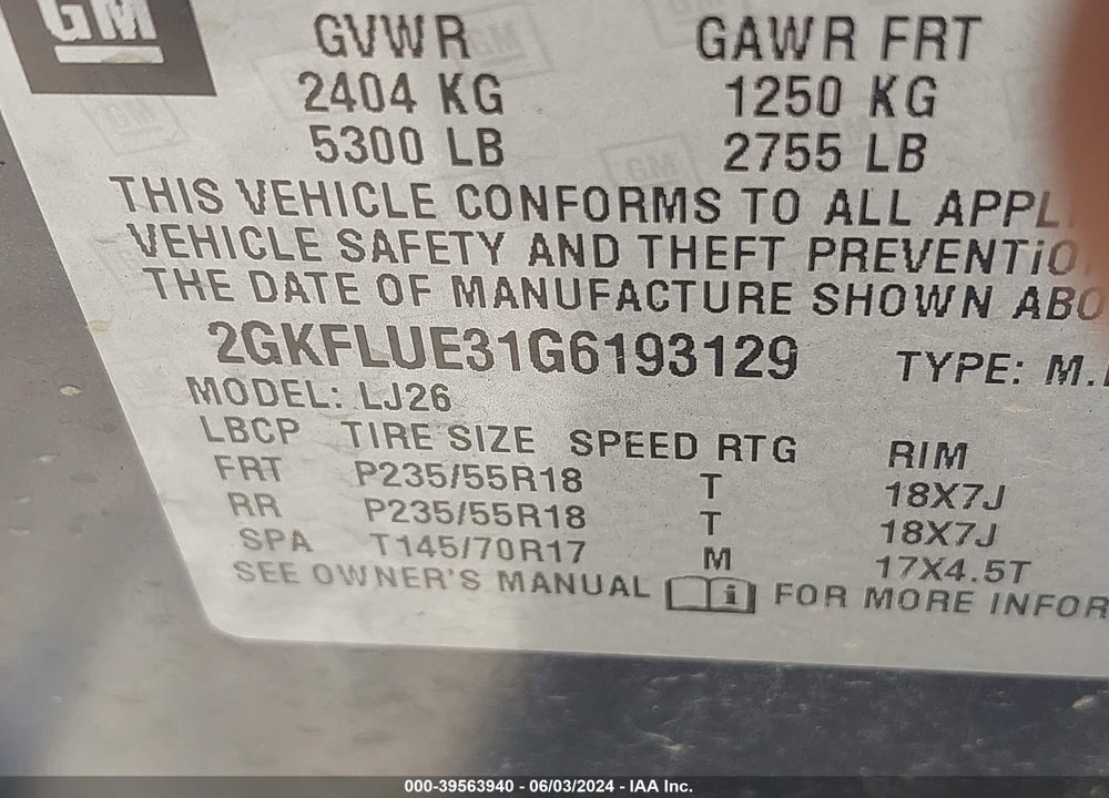 2016 GMC TERRAIN SLT VIN: 2GKFLUE31G6193129