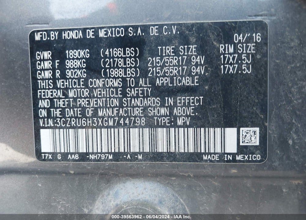 2016 HONDA HR-V LX VIN: 3CZRU6H3XGM744798