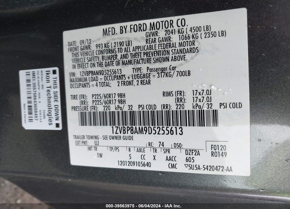 2013 FORD MUSTANG V6 VIN: 1ZVBP8AM9D5255613
