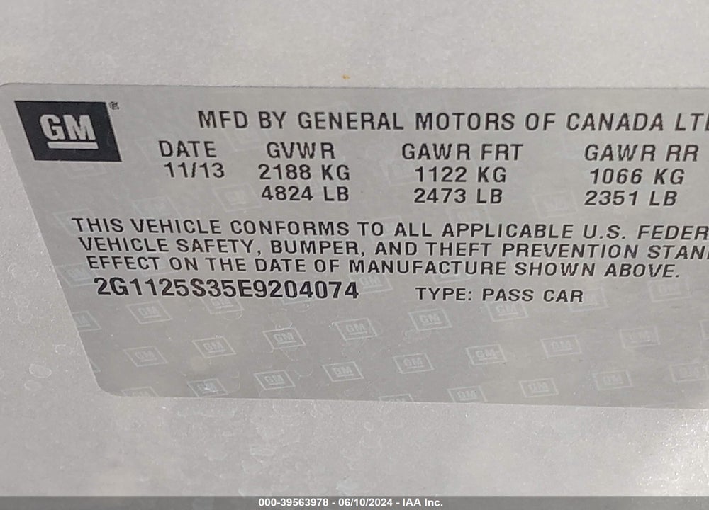 2014 CHEVROLET IMPALA 2LT VIN: 2G1125S35E9204074