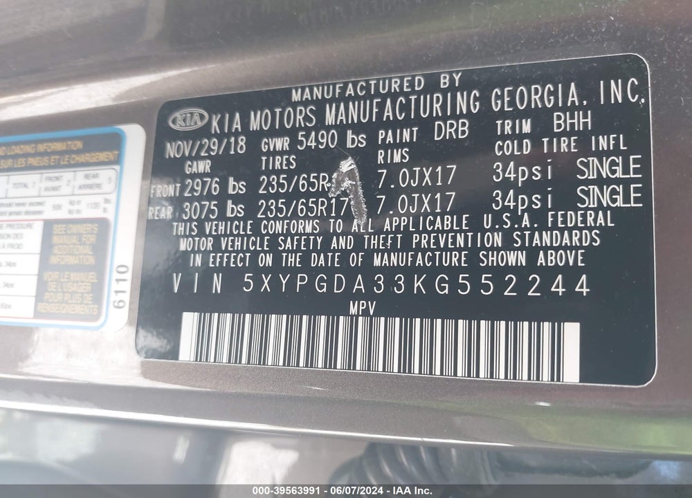 2019 KIA SORENTO 2.4L LX VIN: 5XYPGDA33KG552244