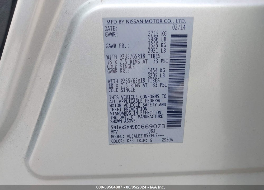 2014 NISSAN PATHFINDER SV VIN: 5N1AR2MN9EC669073