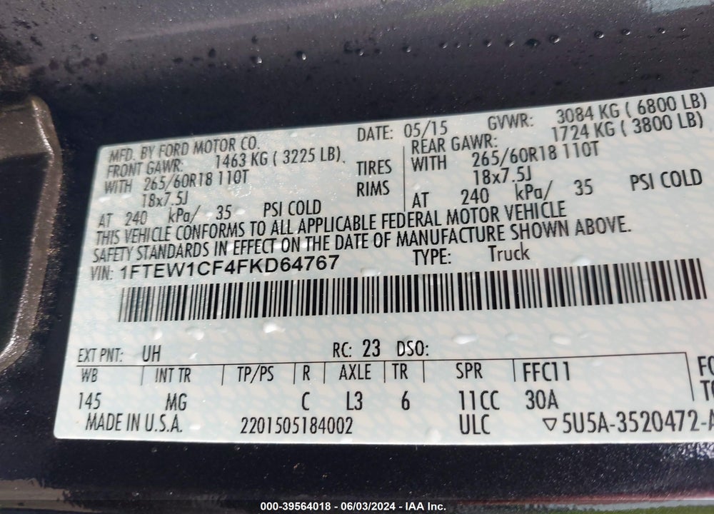 2015 FORD F-150 XLT VIN: 1FTEW1CF4FKD64767
