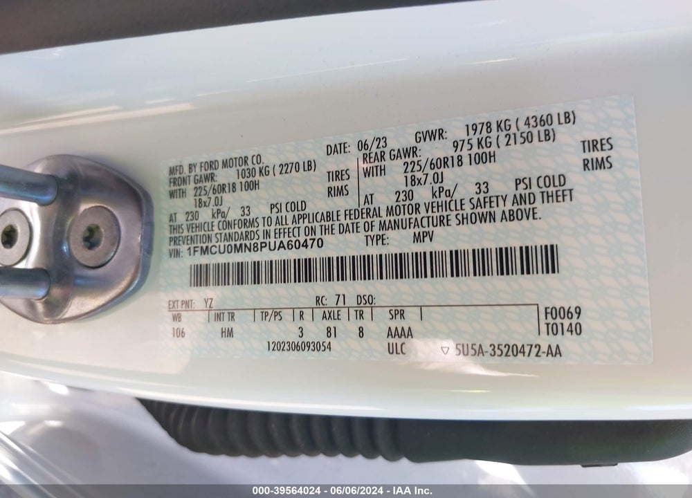 2023 FORD ESCAPE ST LINE VIN: 1FMCU0MN8PUA60470