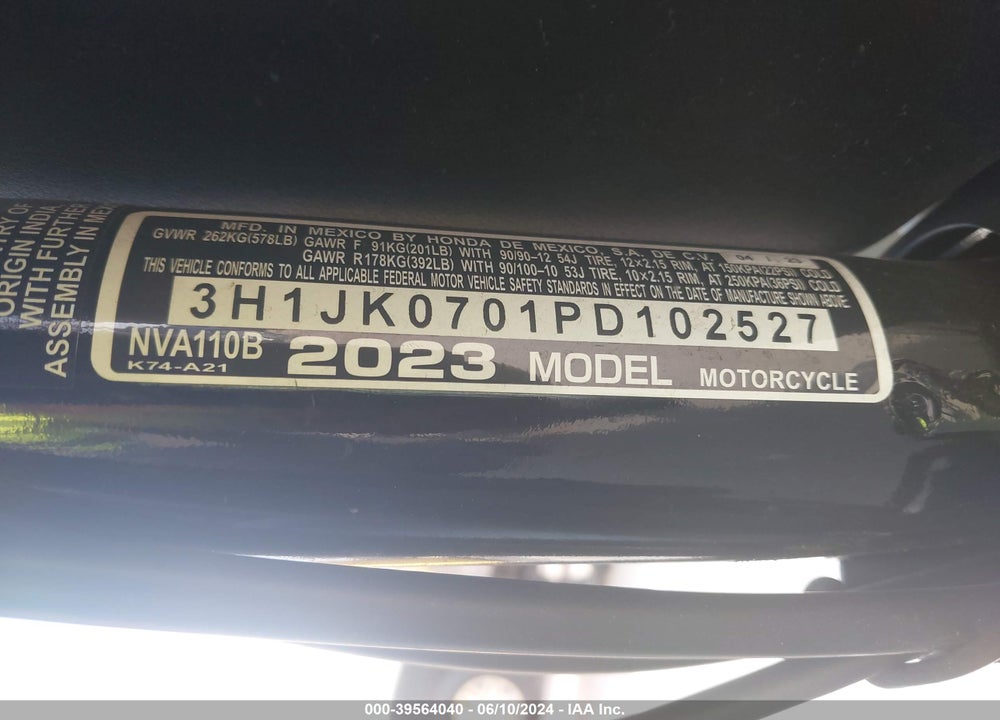 2023 HONDA NVA110 B VIN: 3H1JK0701PD102527