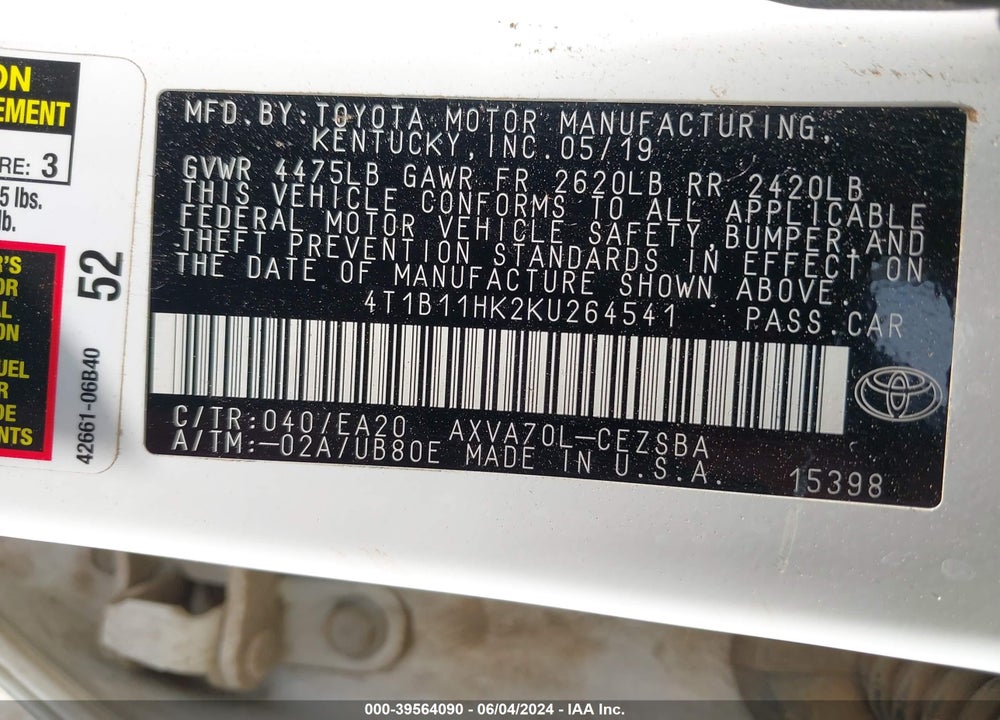 2019 TOYOTA CAMRY SE VIN: 4T1B11HK2KU264541