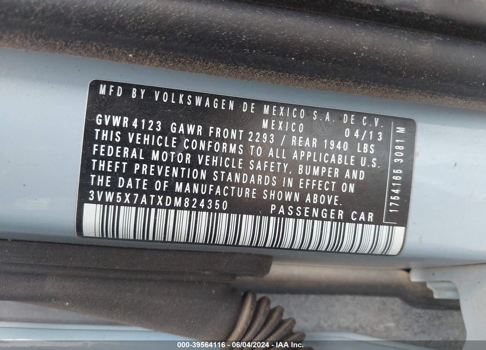 2013 VOLKSWAGEN BEETLE VIN: 3VW5X7ATXDM824350