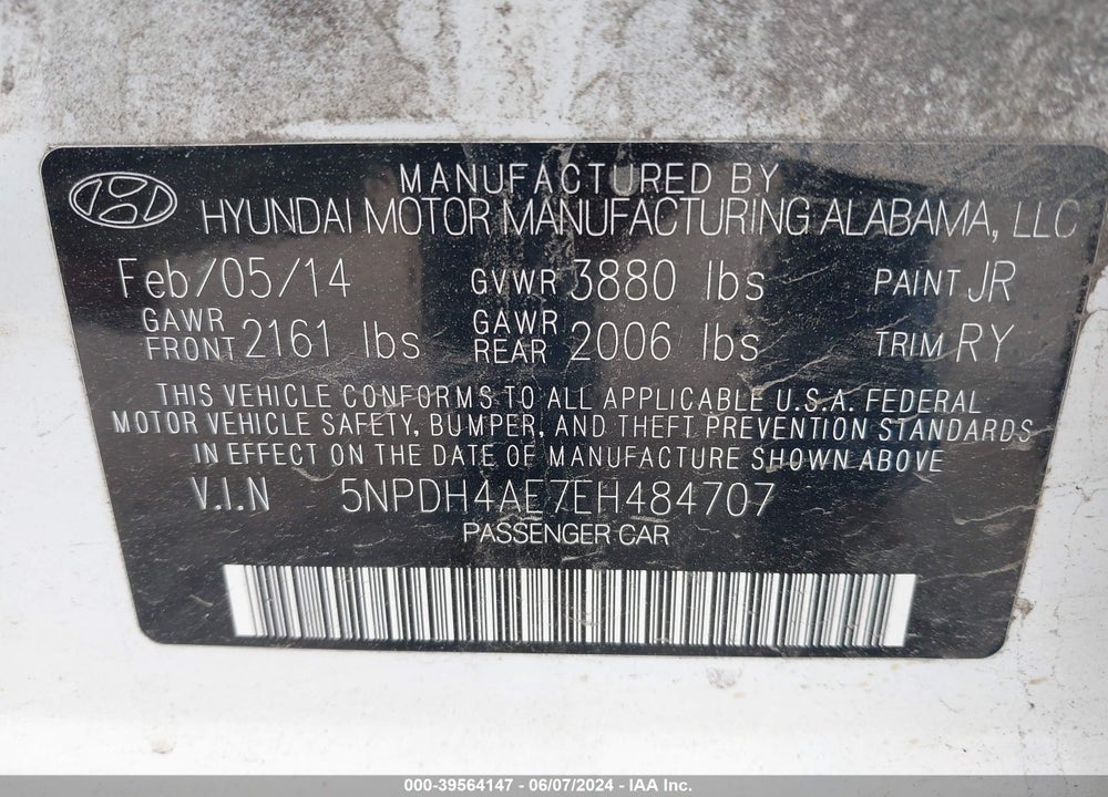 2014 HYUNDAI ELANTRA LIMITED VIN: 5NPDH4AE7EH484707