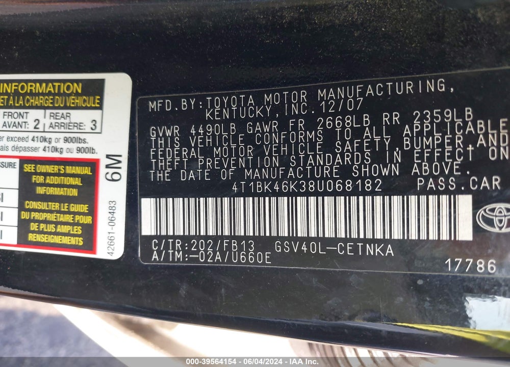 2008 TOYOTA CAMRY LE V6 VIN: 4T1BK46K38U068182