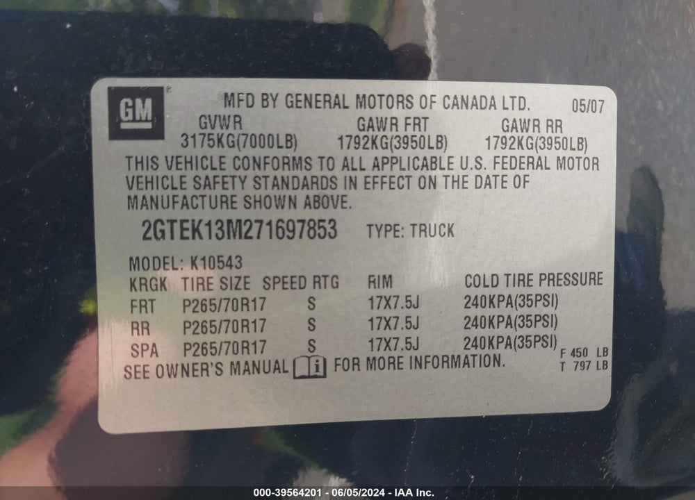 2007 GMC SIERRA 1500 SLE2 VIN: 2GTEK13M271697853