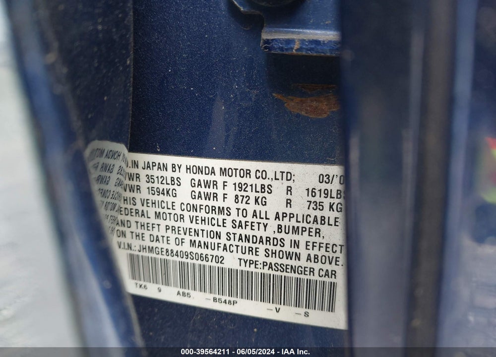 2009 HONDA FIT SPORT VIN: JHMGE88409S066702