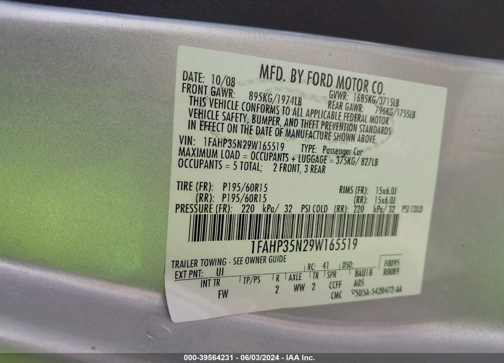 2009 FORD FOCUS SE VIN: 1FAHP35N29W165519