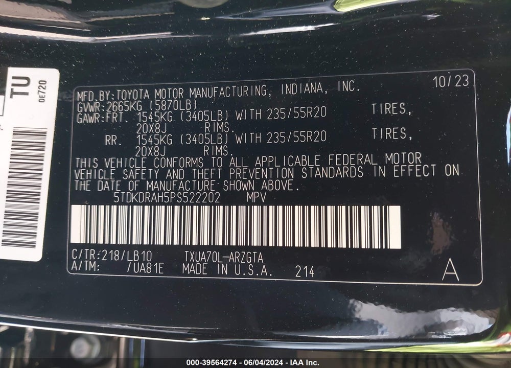 2023 TOYOTA HIGHLANDER LIMITED VIN: 5TDKDRAH5PS522202