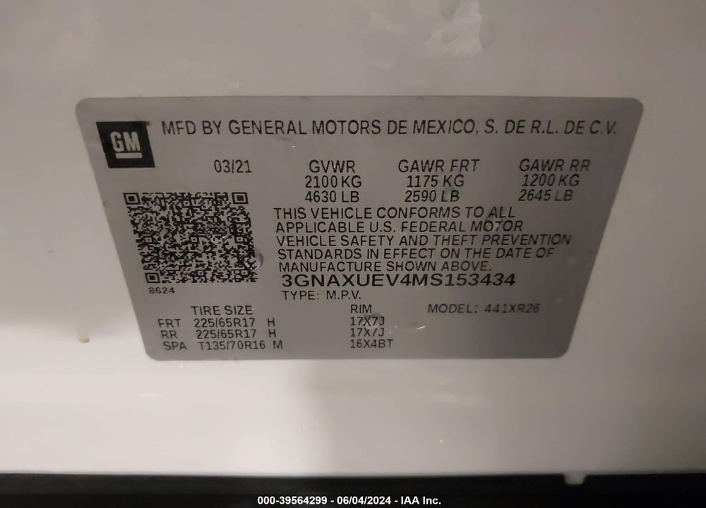 2021 CHEVROLET EQUINOX AWD LT VIN: 3GNAXUEV4MS153434